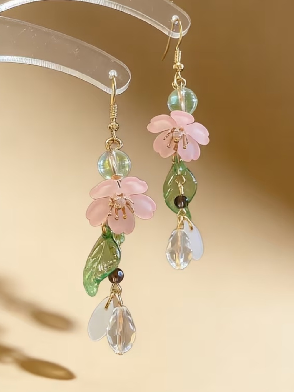 Pink Flower & Green Leaf Drop Earrings